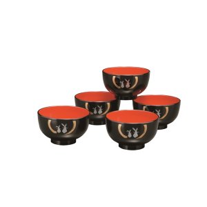 画像: 　レンジ汁椀 黒内朱 なかよしうさぎ（5客入）（食器洗浄機対応）