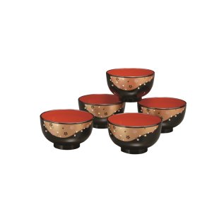 画像: 　レンジ汁椀 黒内朱 金雲桜（5客入）（食器洗浄機対応）
